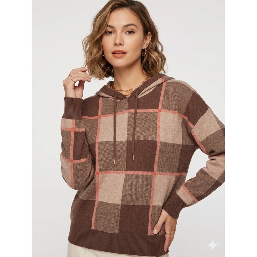Rachel Rachel Roy Plaid Knit Hoodie Sweater Brown Pink‎ Checkered Medium